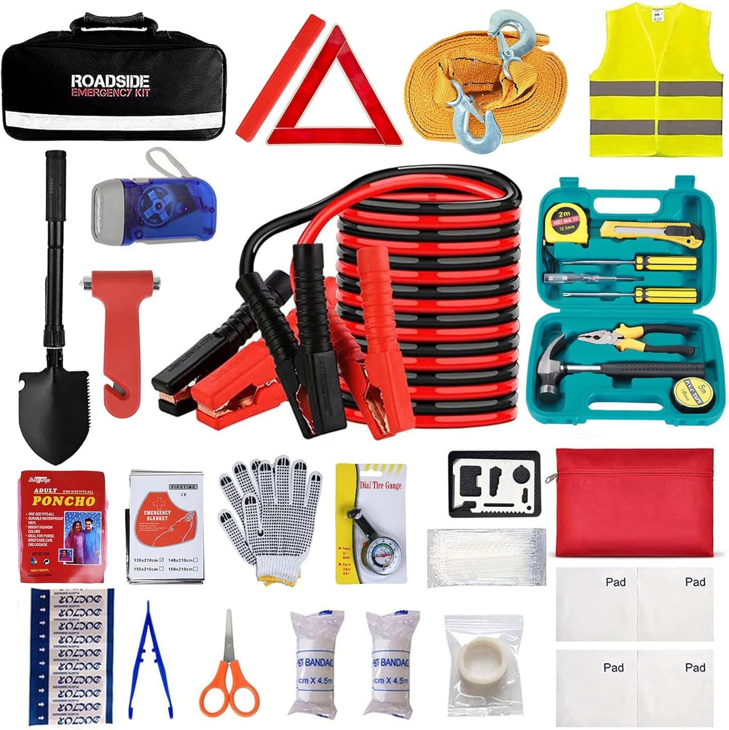 RoadReady Roadside Emergency Kit, Jumper Cables, Triangle, Gloves and Multi-Tool